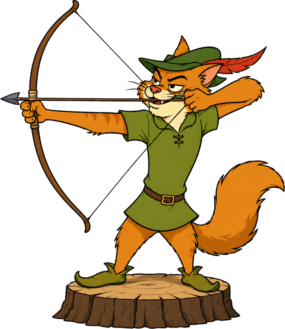 Orange archer cat in forest outfit drawing a bow